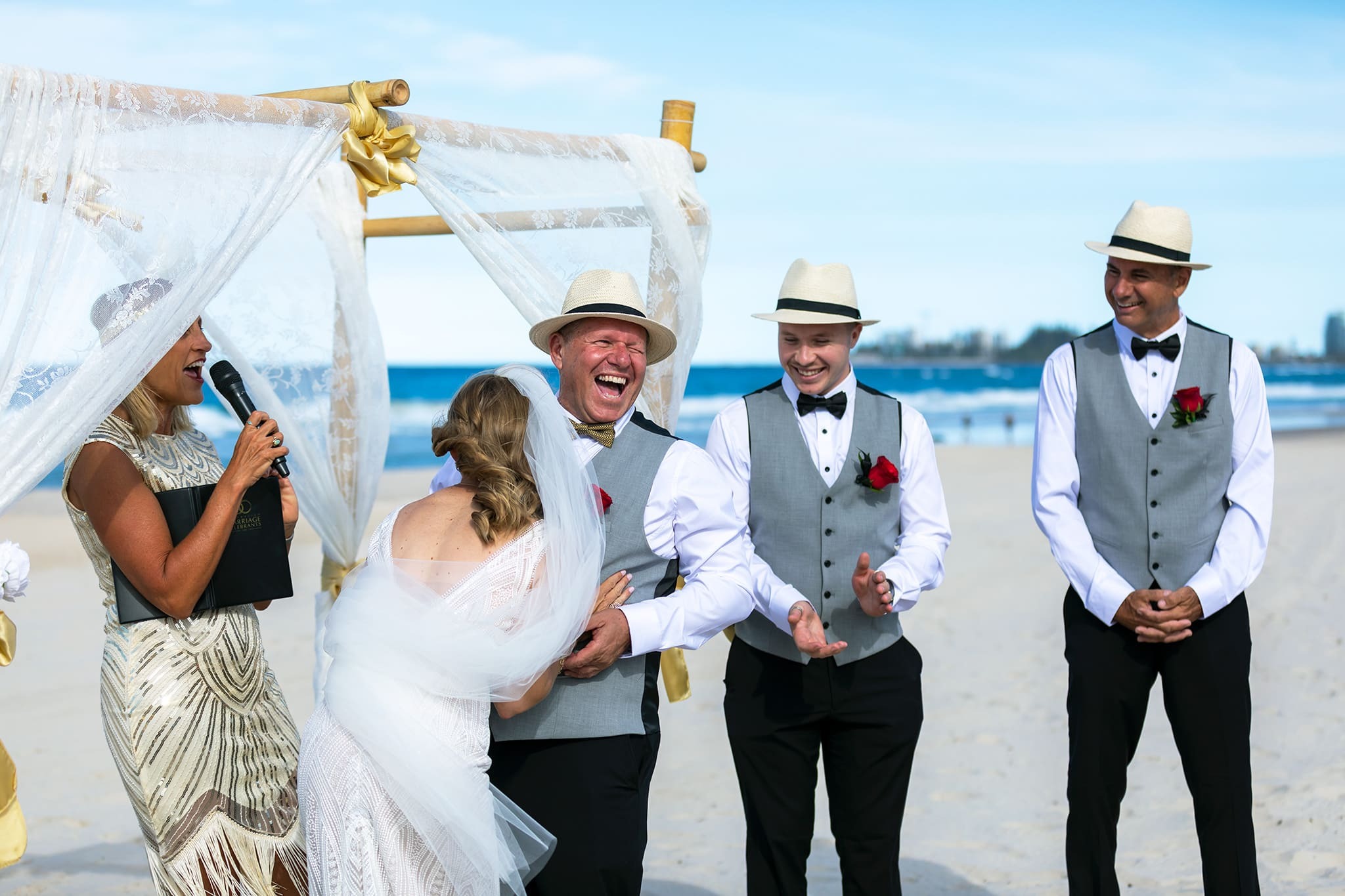 Sunset portraits of Jessica and Donald’s Clearwater Beach wedding