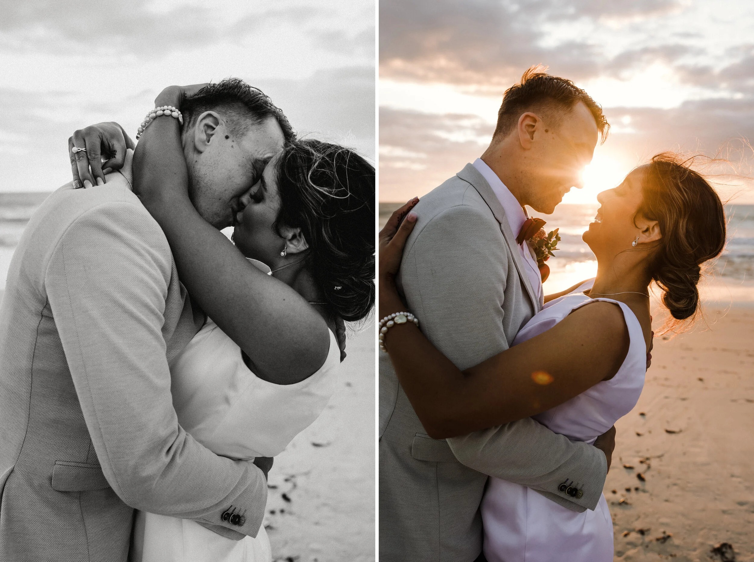 Elopement couple stepping into Gulf waters at Clearwater Beach
