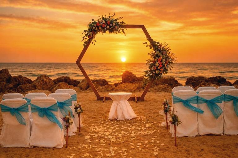 Hexagon floral arch at sunset with draped guest seating and a rose petal aisle &mdash; Barefoot Elegance beach wedding package